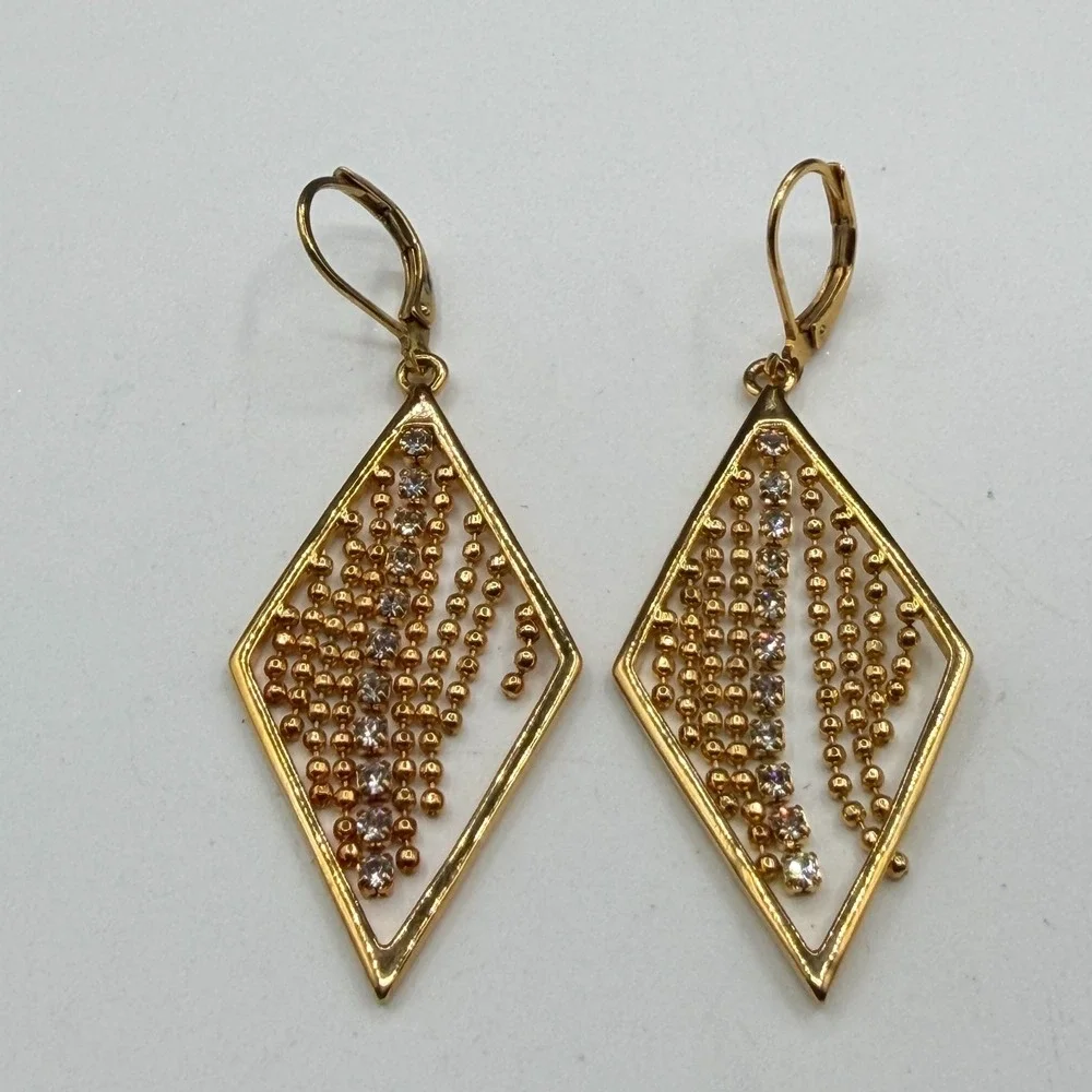 Gold Tone Rhinestone Diamond Shape Dangle Earrings Beaded Fringe Statement Party
